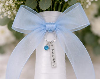 Personalized Bridal Bouquet Charm with Engraved Text · Blue Crystal Something Blue Keepsake · Sentimental Wedding Gift for Her