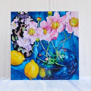 Cartão Azul - Pintado à Mão - Flor - Apoie a Caridade para Pessoas com Deficiência - Lindas Impressões de Pinturas Originais - Fabricadas no Reino Unido