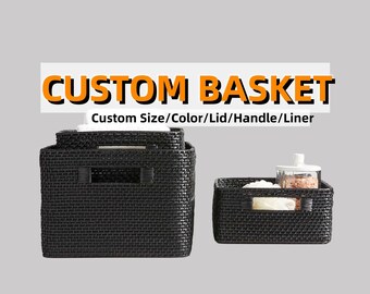 Custom size black rattan woven basket,cabinet storage basket,kitchen storage basket, home design,home decoration,basket with lid and liner