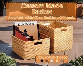 Custom five kind of colors rattan woven baskets with wheel,cabinet kitchen storage basket,home design decoration,basket with lid and liner