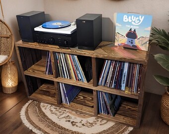 Medium stained vinyl record holder,custom size solid wood storage wooden frame boxe,record collector,retro stained vinyl record rack