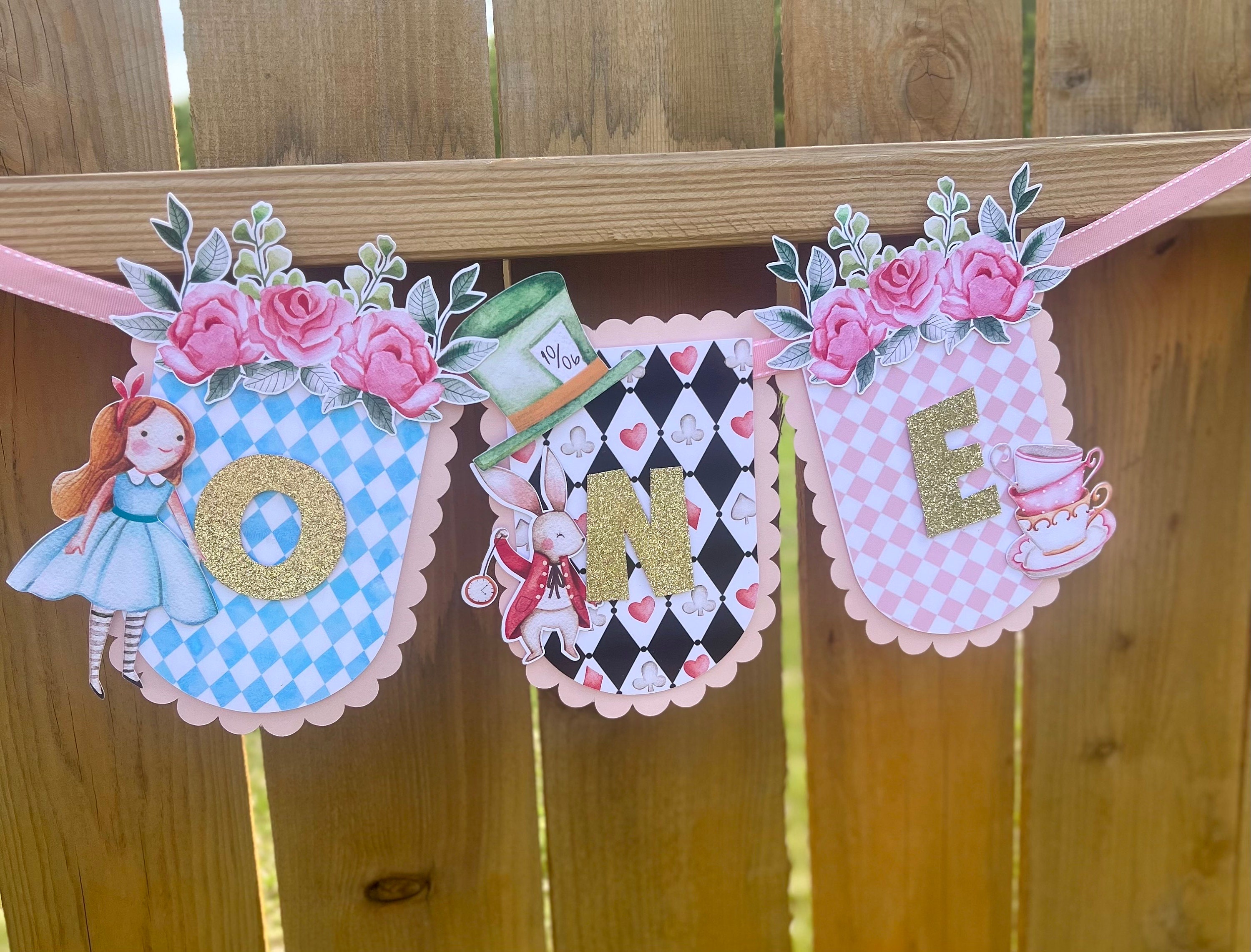 Alice In Wonderland First Birthday Banner - ONE High Chair Decor For Girl's Wonderland Party
