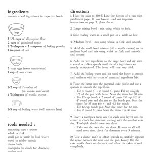 May include: A handwritten recipe for vanilla cake with instructions for ingredients, tools needed, and directions. The recipe includes measurements in cups and tablespoons.