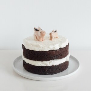May include: A two-tier chocolate cake with white frosting and two small wooden bunny figurines on top.