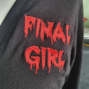 Women's embroidered custom cardigan / Final Girl dripping blood design / skull goth gore rockabilly alternative fashion / horror Halloween
