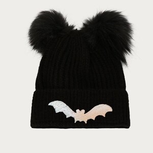 Embroidered pompom beanie custom flying bat design / unique goth rock metal rockabilly psychobilly alternative halloween skater cute