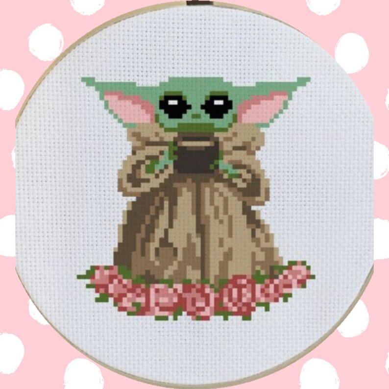 Star Wars Mandolorian Baby Yoda Grogu Flowers Geek Unique Pixel Art Cross Stitch Wall Hanging Decoration Fiber Arts Art Collectibles