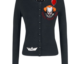 Clown tueur informatique | Vous flotterez aussi| ballon rouge | Bateau en papier | doux brodé noir | Vêtements d'horreur gothiques alternatifs personnalisés