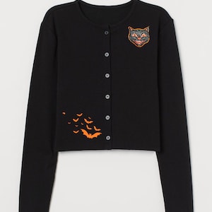 Women's embroidered custom cardigan / with black cat orange bat design / unique goth rockabilly alternative fashion / Tim burton/ Halloween