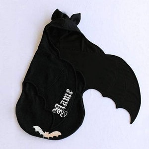 Personalised Embroidered bat hooded towel with wings | swaddle blanket | Rockabilly Alternative goth | Newborn Baby shower