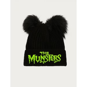 Embroidered pompom beanie custom munsters inspired bat design / Halloween bat horror unique goth rockabilly psychobilly alternative flash