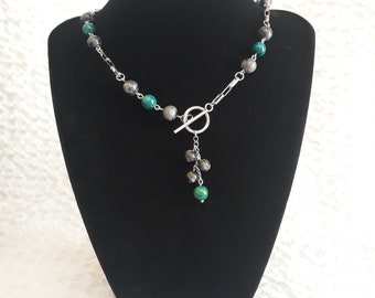 Labradorite Chrysocolla Toggle Necklace: Stainless Steel Box Chain