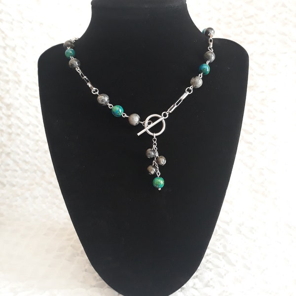 Toggle clasp necklace  natural stone labradorite and chrysocolla with box chain toggle clasp necklace for women