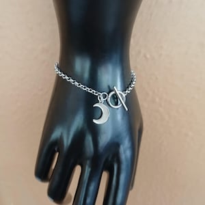 Moon Charm Bracelet: Stainless Steel Rolo Chain Toggle Clasp