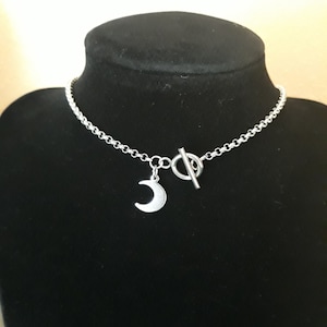 Silver Stainless Steel Moon Pendant Necklace: Rolo Chain Toggle Clasp
