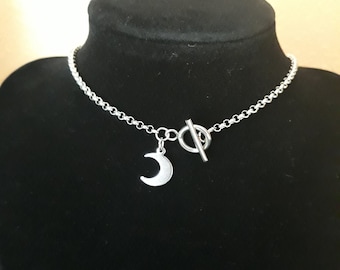 Silver Stainless Steel Moon Pendant Necklace: Rolo Chain Toggle Clasp