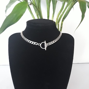 Silver Stainless Steel Curb Chain Toggle Clasp Necklace