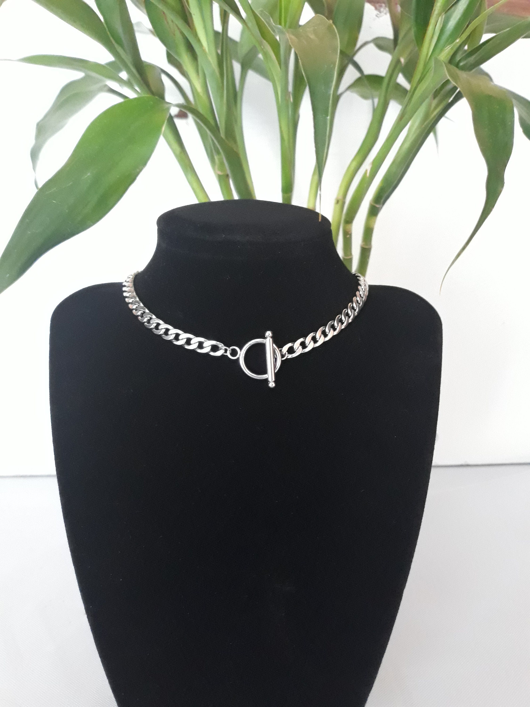 Silver Stainless Steel Curb Chain Toggle Clasp Necklace