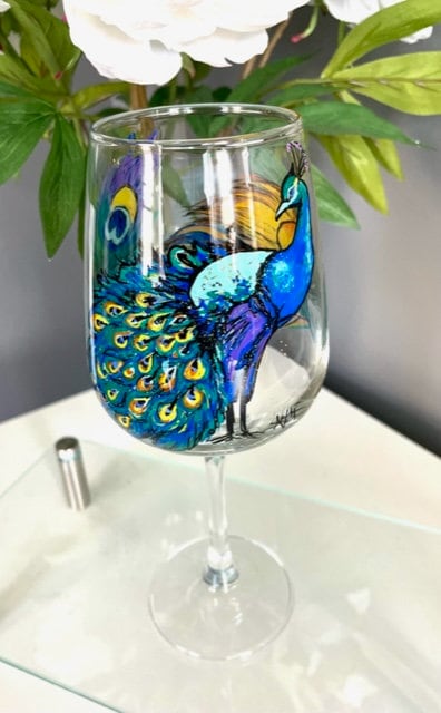 Nymphfable Hand-Painted Wine Glass Coloured Peacock Artisan Painted 15Oz  Persona
