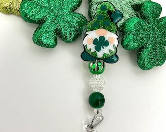 St Patrick’s day gnome retractable badge reel, shamrock badge holder, st Patrick’s badge reel, st Patrick’s badge holder, shamrock badge