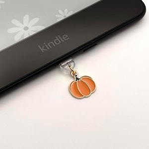 Könnte beinhalten: Ein orangefarbener Kürbis-Anhänger mit goldfarbenem Umriss hängt an einem Kindle E-Reader. Der Anhänger ist am Anschluss des Geräts befestigt. Der E-Reader ist schwarz, und das Wort "kindle" ist auf dem Gerät aufgedruckt.