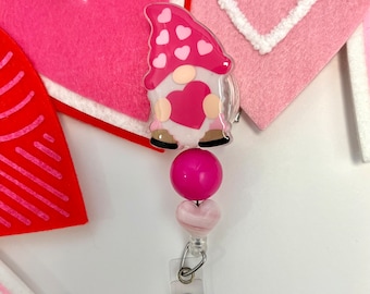Porta credencial retráctil con forma de gnomo de San Valentín: porta credencial con forma de corazón y pinza de cocodrilo