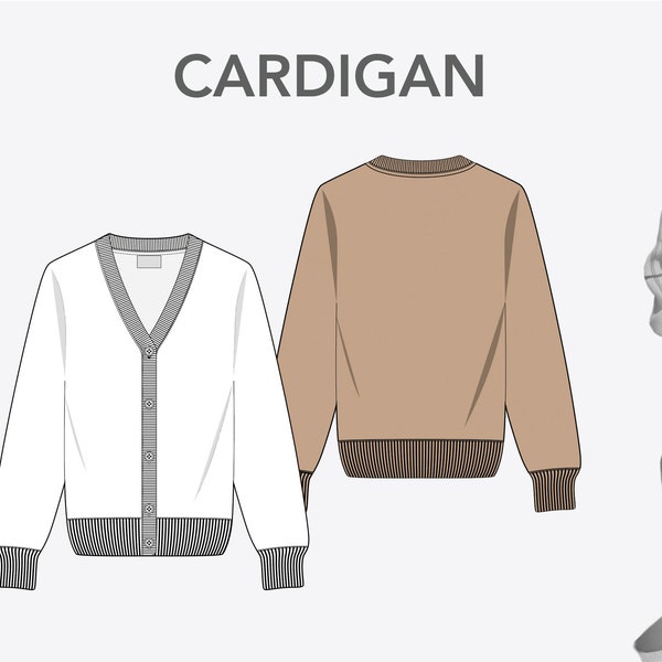 Unisex CARDIGAN  - Fashion Design Flat sketches to download - technical CAD drawing made in Illustrator