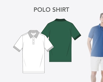 Unisex Polo Shirt Fashion Flat Sketch, Technical CAD Drawing, Adobe Illustrator, Digital Download