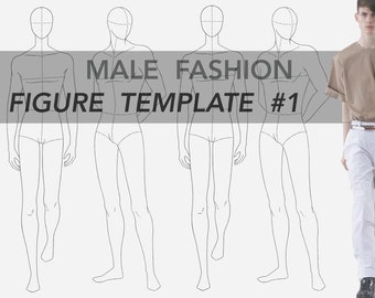May include: Four male fashion figure templates with a fifth figure wearing a light brown t-shirt and white pants. The text "MALE FASHION FIGURE TEMPLATE #1" is at the top of the image.