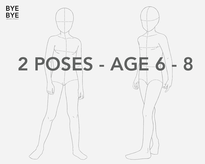 May include: Two line drawings of children's fashion design templates in different poses. The text "2 POSES - AGE 6 - 8" is at the top of the image.