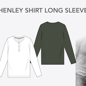 May include: A white long-sleeve Henley shirt with a button placket. The shirt is shown on a white background next to a green long-sleeve Henley shirt. A man is wearing a similar shirt in the background.