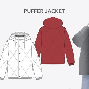 WOMEN&#39;S PUFFER Jacket  - Fashion Design Flat sketches to download - technical CAD drawing made in Illustrator