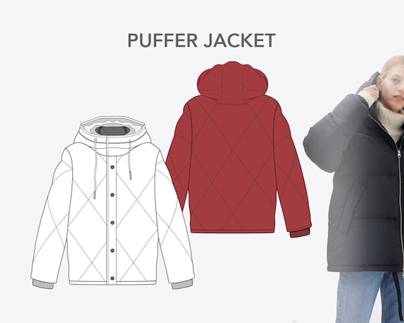 PUFFER-jas voor dames Modeontwerp Platte schetsen om te downloaden