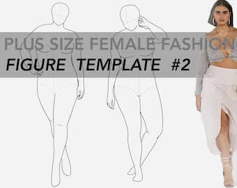 May include: Line drawing of two plus size female figures in a standing pose. The figures are used as templates for fashion design. The text "PLUS SIZE FEMALE FASHION FIGURE TEMPLATE #2" is at the top of the image.