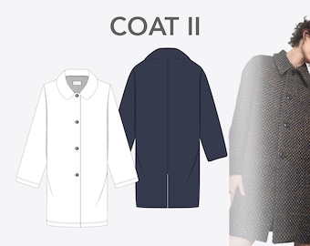 Peut inclure: Un manteau blanc et un manteau bleu marine avec une fermeture à boutons et un col. Le manteau est présenté sur un fond blanc. Le texte "COAT II" est affiché au-dessus des manteaux.