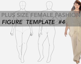 May include: Line drawing fashion template for plus size women. The template shows a woman walking with her left leg forward and another woman standing with her right hand on her hip. The text "PLUS SIZE FEMALE FASHION FIGURE TEMPLATE #4" is at the top of the image.
