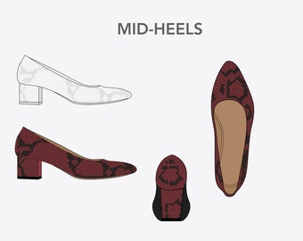Mid Heel Shoes Fashion Flat Sketch - Technical CAD Drawing (Digital Download)