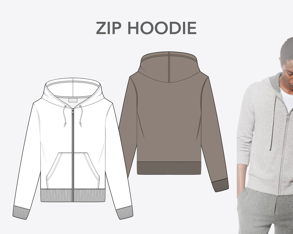 Unisex ZIP HOODIE Fashion Design Flat Sketches to Download - Etsy