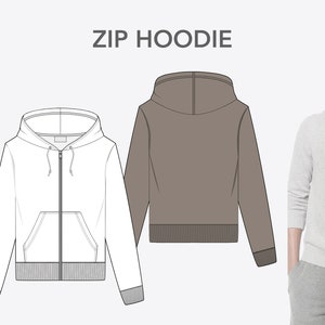 May include: A white zip-up hoodie with a gray ribbed waistband and cuffs. The hoodie has a drawstring hood and a front pocket. The text "ZIP HOODIE" is displayed above a flat drawing of the hoodie.