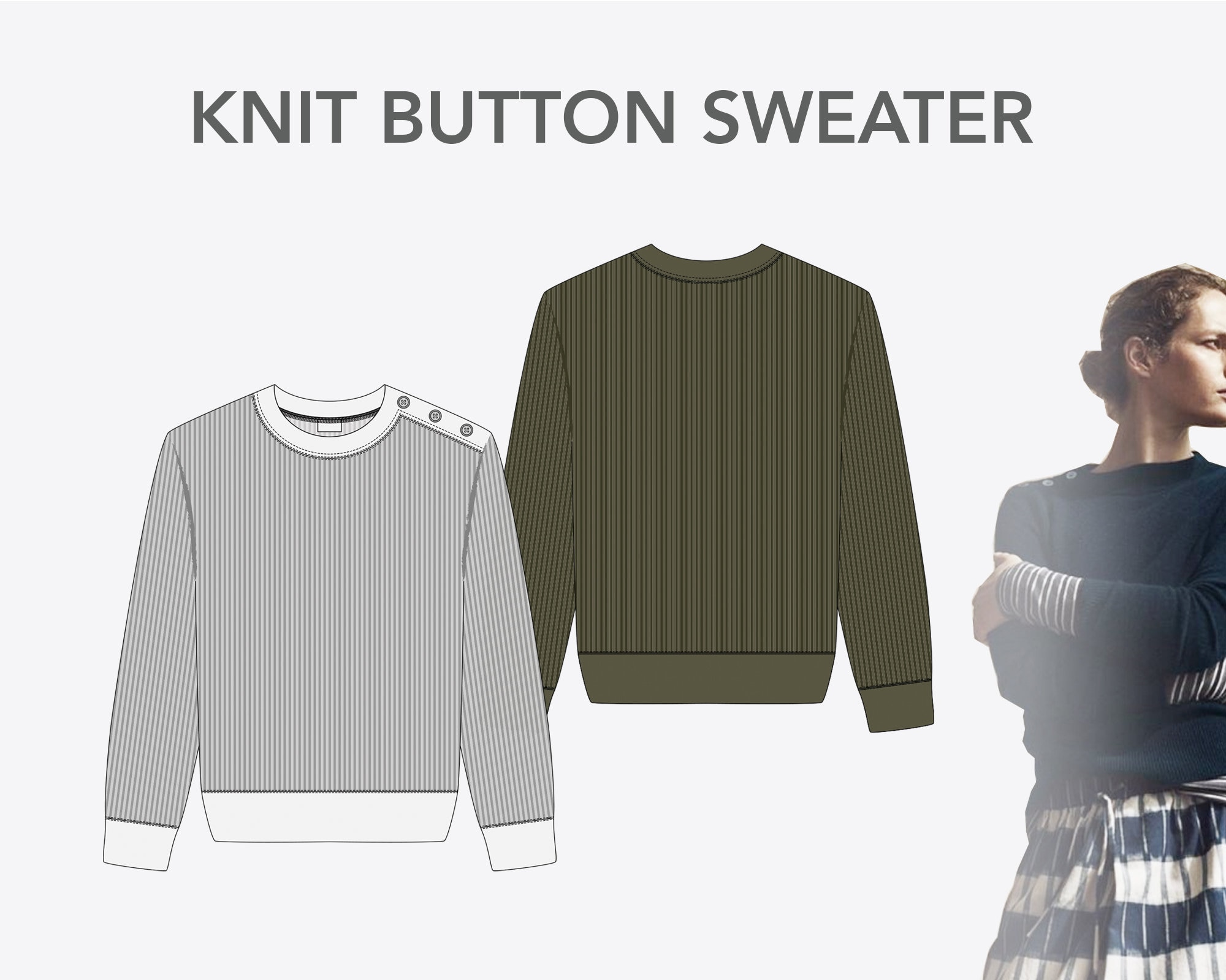 Knit Button Sweater Fashion Flat Sketch – Technical CAD Drawing