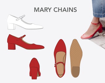 MARY CHAINS Shoes  - Fashion Design Flat sketches to download - technical CAD drawing made in Illustrator