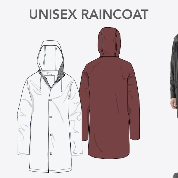 Vektor Mode flache Skizze für UNISEX RAINCOAT - technische CAD Zeichnung made in Illustrator