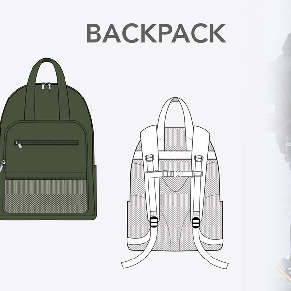 BACKPACK  - Fashion Design Flat sketches to download - technical CAD drawing made in Illustrator