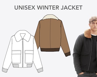 Unisex Winter Jacket Fashion Flat Sketch, Technical CAD Drawing, Adobe Illustrator, Digital Download
