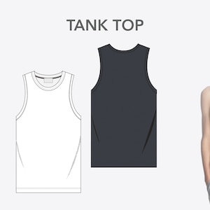 May include: A white tank top with a black tank top next to it. A person is wearing a black tank top.