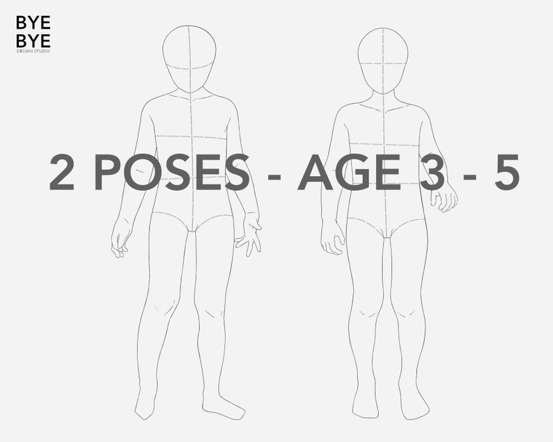 May include: Two line drawings of children in different poses, suitable for fashion design. The text "2 POSES - AGE 3 - 5" is at the top of the image.