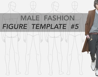 May include: Five male fashion figure templates in various poses, with a male figure wearing a brown coat and grey pants in the background. The text "MALE FASHION FIGURE TEMPLATE #5" is at the top of the image.