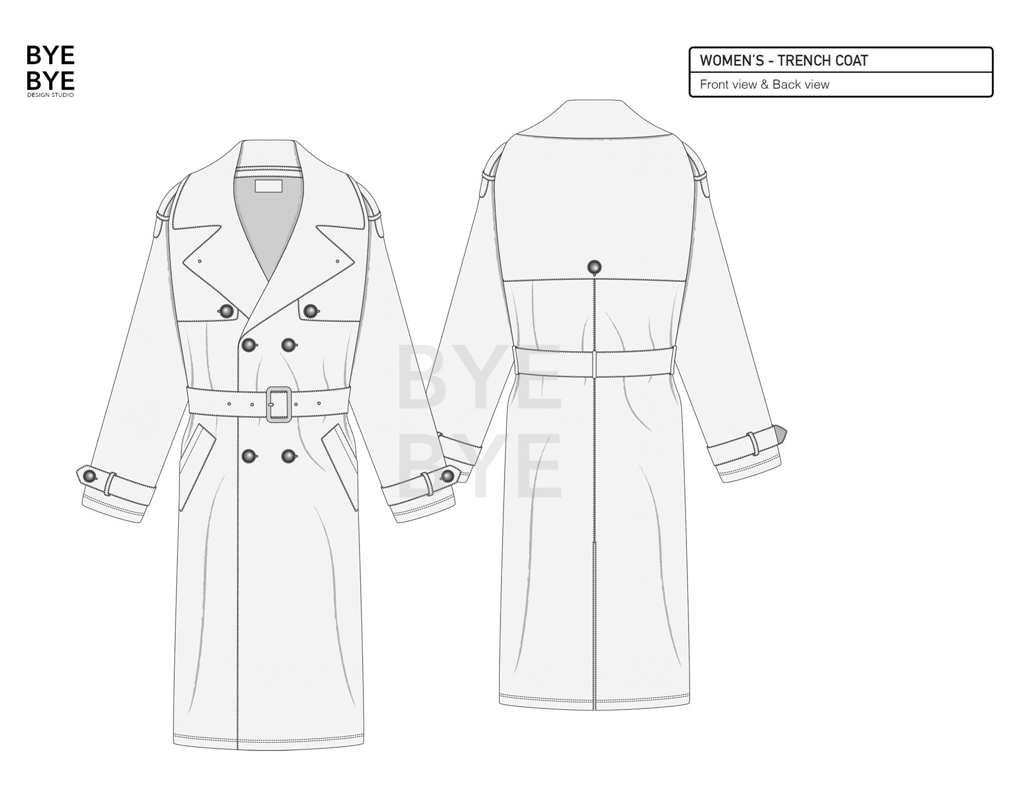 TRENCH COAT Fashion Design Flat Sketches to Download Technical CAD