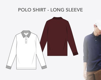 May include: A white long-sleeve polo shirt with a gray collar and cuffs. The shirt has a button-up closure and a classic polo design.  The image also shows a maroon long-sleeve polo shirt and a person wearing a blue long-sleeve polo shirt.  The text "POLO SHIRT - LONG SLEEVE" is at the top of the image.