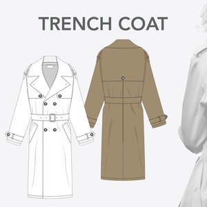 May include: A white and a brown trench coat with a double breasted closure, a belt, and a collar. The text "TRENCH COAT" is at the top of the image.